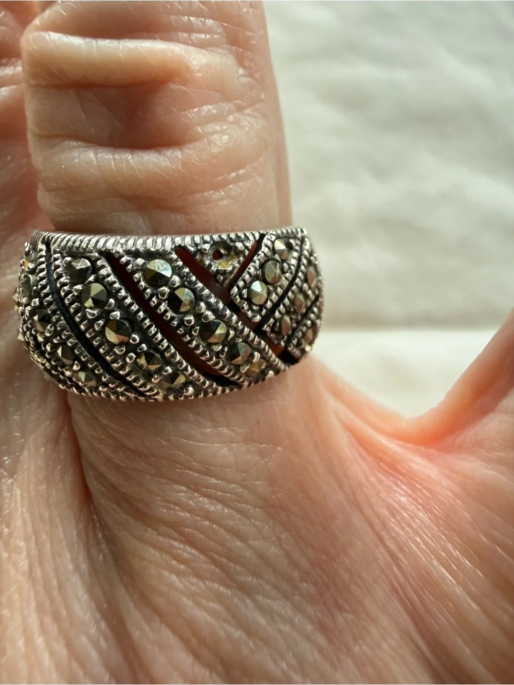 Sterling Silver Marcasite Geometric Wide Band Ring 925
